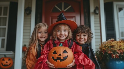 Fototapeta premium group of child in Halloween clothes, in the background the door of the house is decorated for Halloween