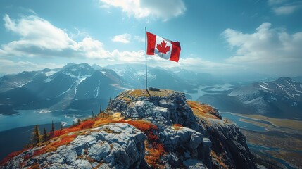 A Canadian flag placed on a mountain peak with a stunning view of the Rockies in the background. The flag symbolizes national pride amidst nature's beauty