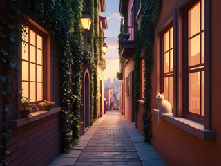 a cat sits on a ledge in front of a building with a man looking out the window