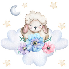 Watercolor illustration isolated on a white background with a sheep sitting on the clouds. Cute children's drawing with a sheep for posters, notebook covers, textiles, gift wrapping.Watercolor designs