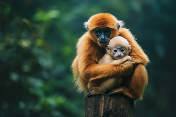 A loving monkey embraces its baby in a serene forest. This image captures the beauty of nature and the bond between mother and child. Ideal for wildlife lovers. Generative AI