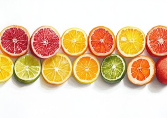 Vibrant oil painting depicting various citrus fruit slices including grapefruit orange lime and lemon arranged in a row on a white background with a clipping path