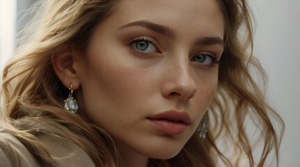 Close Up Portrait of a Woman with Soft Features and Freckles Hair Gently Flowing in the Wind