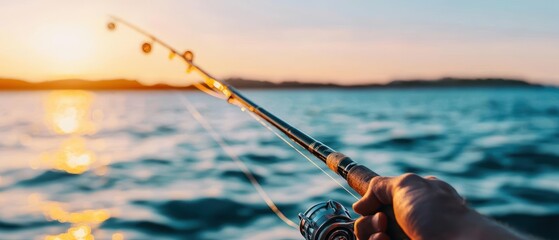 A serene fishing scene at sunset, showcasing a hand holding a fishing rod over shimmering water. Perfect for relaxation and adventure themes.