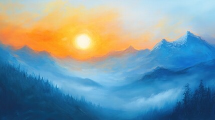 Obraz premium Oil painting depicting a radiant sun rising over a mountain range on a chilly winter morning featuring a misty landscape that embodies inspiration and positive thinking Soft focus sunrise scene