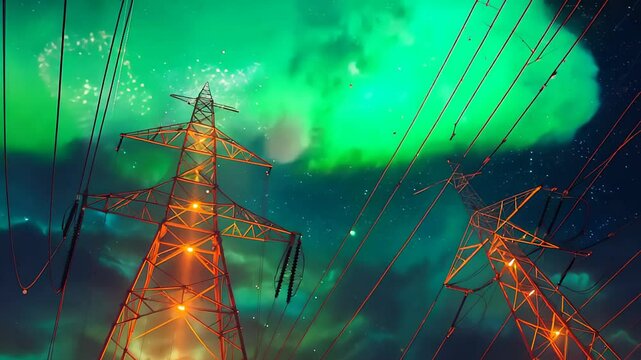 Electricity transmission towers with orange glowing wires the starry night sky. Energy infrastructure concept, energy, electricity, voltage, supply
