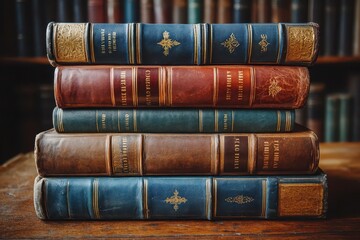 towering stack of antique leatherbound books goldembossed spines warm library ambiance knowledge concept