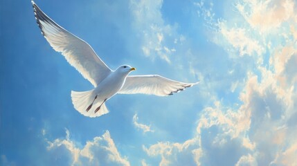 Naklejka premium Oil painting depicting a flying seagull from a low perspective against a backdrop of blue sky showcasing the bird and the bright sky