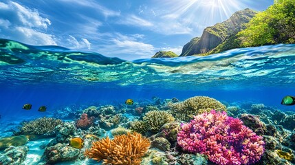 Naklejka premium Tropical Island with Coral Reef and Split Ocean View