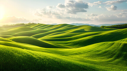 Perfect green field with green grass and blue sky. Generative AI.