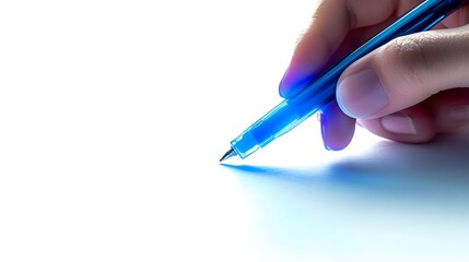 Illuminated Hand of a Writer Holding Glowing Pen on White Background. Concept of Creativity, Writing, and Literary Expression. Close-up with Copy Space.