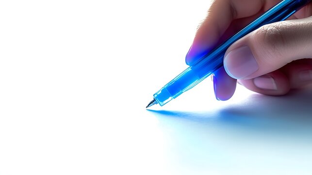 Illuminated Hand of a Writer Holding Glowing Pen on White Background. Concept of Creativity, Writing, and Literary Expression. Close-up with Copy Space.