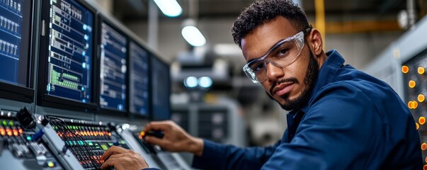 Senior electrical engineer in a control room filled with computer monitors