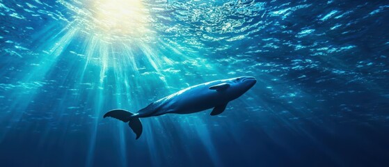 Naklejka premium A stunning underwater scene featuring a majestic whale gliding gracefully through sunlit waters, showcasing ocean beauty.