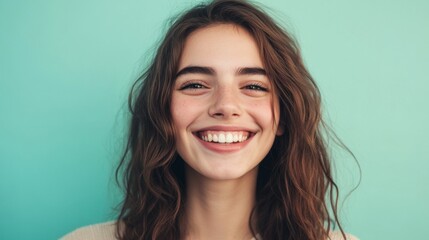 Naklejka premium A happy person with a broad smile and joyful expression, standing against a plain color background with copy space