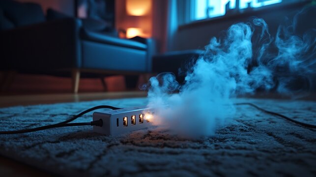 Home Safety Hazard - Power Strip Short-Circuiting with Phone Charger, Sparks, and Smoke in Cozy Living Room