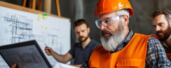 Senior electrical engineer reviewing a project blueprint with team members using a large digital display