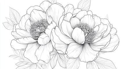 Peony line art featuring black and white floral bouquets flower coloring designs and hand drawn botanical illustrations suitable for coloring pages and wedding invitations