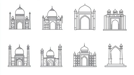 Line art illustration set featuring iconic historical landmarks including a mausoleum fort memorial tomb minaret palace and archway
