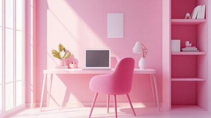 Minimalist pink office space with a pink desk, pink chair, and subtle pink accents.