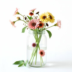 Fototapeta premium a bouquet of pink and white daisy like flowers in a glass vase against a white background