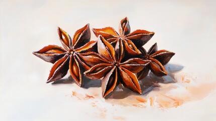 Oil painting of star anise on a white background showcasing the unique shape and texture of the spice
