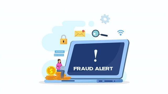 Animation video 2d clip 4k of fraud alert, hacker attack and web security