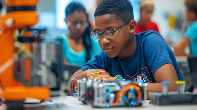 A mentor guiding teenagers through a robotics project in a STEM workshop, fostering innovation and teamwork.