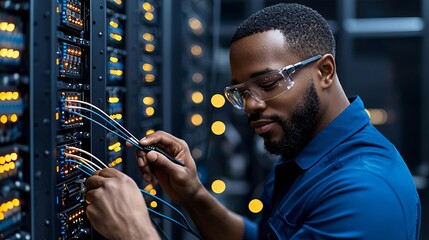 Electrical engineer in a telecommunications hub connecting fiber optic cables and adjusting network routers