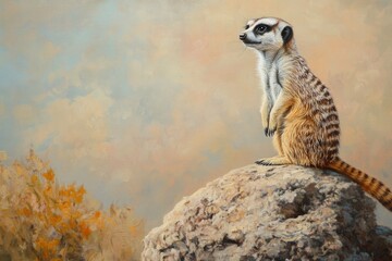 Fototapeta premium Meerkat on a stone in an oil painting showcasing its behavior and observation skills