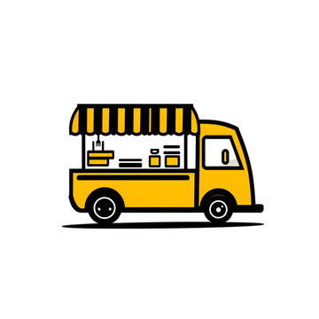 recommend clip art: Yellow food truck with striped awning and windows.