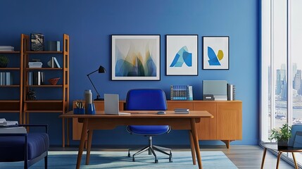 Modern blue office space with a blue desk, blue chair, and bright blue decor accents.
