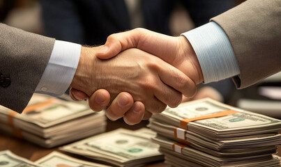 A close up of two people shaking hands over stacks of money and contracts, symbolizing successful business deal or financial agreement