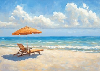 Fototapeta premium Oil painting depicting a beach umbrella and sun lounger on a sandy shore capturing a serene coastal scene that evokes the start of the beach season and tranquility