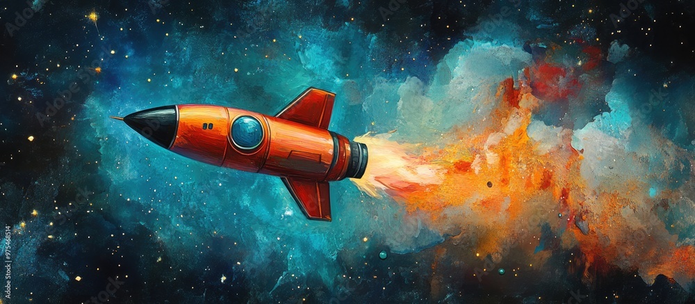 Wall mural rocket floating in outer space mixed media
