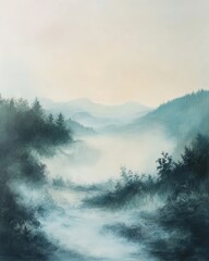 Obraz premium Oil painting depicting a foggy morning scene in mountainous terrain enveloped in mist