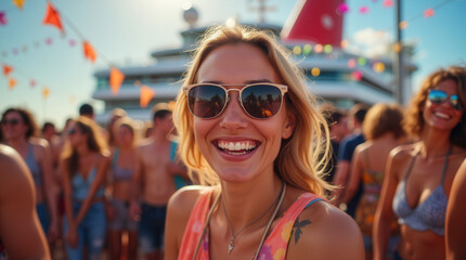 Vibrant Smiling People Solo Shots at Cruise Ship Music Festivals: Sunset, Sea Views, and Tropical Vibes