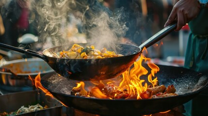 a person cooking food in an open wok over flames at the Street Food Festival.