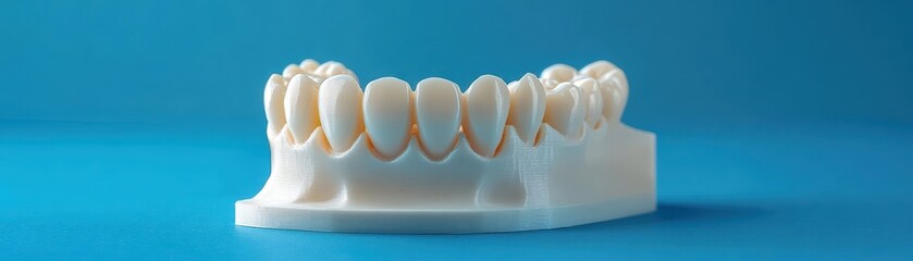 Detailed model of dental cast showcasing upper jaw with teeth on a blue background, ideal for dental or educational use.