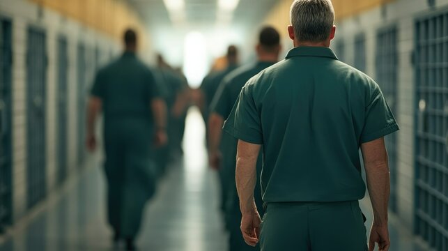 A group of inmates walking down a prison corridor, showcasing the somber atmosphere of incarceration.