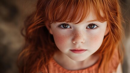 Fototapeta premium Little Red-Haired Girl with Brown Eyes and Straight Hair, Age 4. This image depicts a young girl with vibrant red hair, brown eyes, and straight hair, showcasing her charming and youthful appearance.