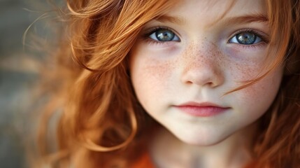 Naklejka premium Little Red-Haired Girl with Brown Eyes and Straight Hair, Age 4. This image depicts a young girl with vibrant red hair, brown eyes, and straight hair, showcasing her charming and youthful appearance.