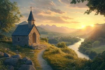 Fototapeta premium A serene stone chapel stands by a gentle river. The warm sunlight enhances the lush green hills. Nature meets tranquility in this peaceful landscape. Generative AI