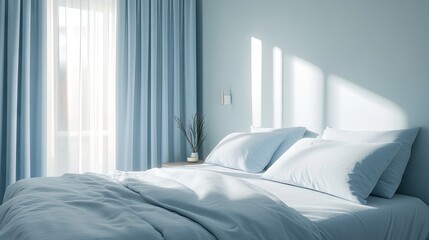 Modern light blue bedroom with light blue bedding, curtains, and minimalist decor for a serene ambiance.