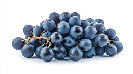 Bunch of ripe green grapes with leaves and vine on a white background