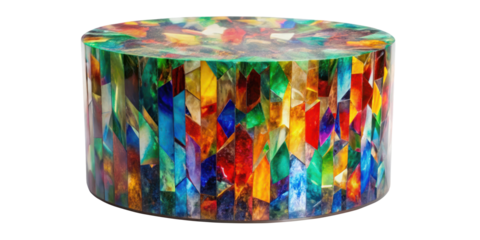 Cylindrical pedestal decorated with a colorful geometric design. Perfect for creative presentations and exhibitions. Isolated on transparent background, png.