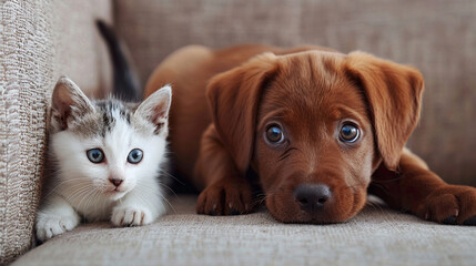 A curious brown puppy and a white kitten peeking out from behind a couch, playfully pouncing on each other from opposite sides.