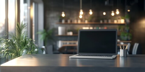 modern office interior, A sleek, contemporary office setting with minimalist furniture, a laptop, and modern decor, representing productivity and efficiency