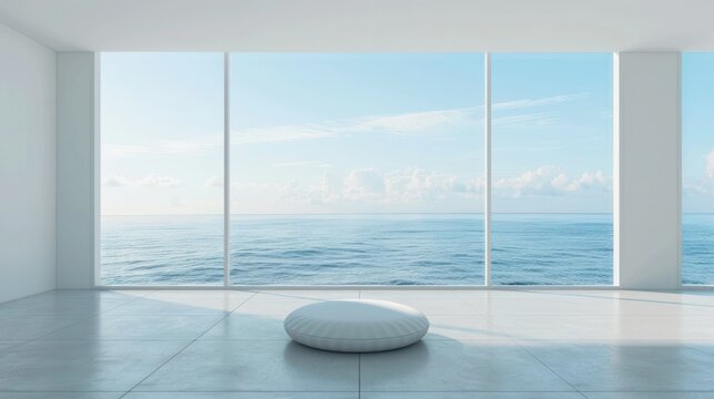Fototapeta Beautiful and clean virtual background or backdrop for yoga, zen, meditation room space with serene and calm natural organic scenic outside ocean sea view