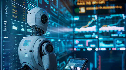 a futuristic AI robot working with business data statistics, business growth or audit data analysis through artificial intelligence technology 